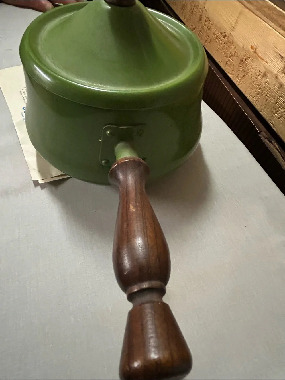 Vintage Green Enamel Fondue Pot with Wooden Handle